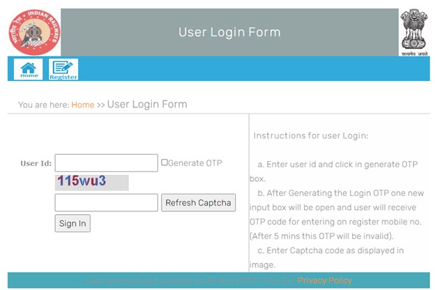 user login form at railway parcel website